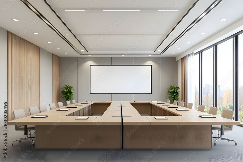 Modern Corporate Conference Room with Large Monitor and Presentation Equipment Modern Corporate Conference Room with Large Monitor and Presentation Equipment