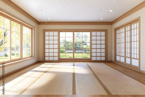 Serene Japanese-Inspired Room With Tatami Mats and Garden View