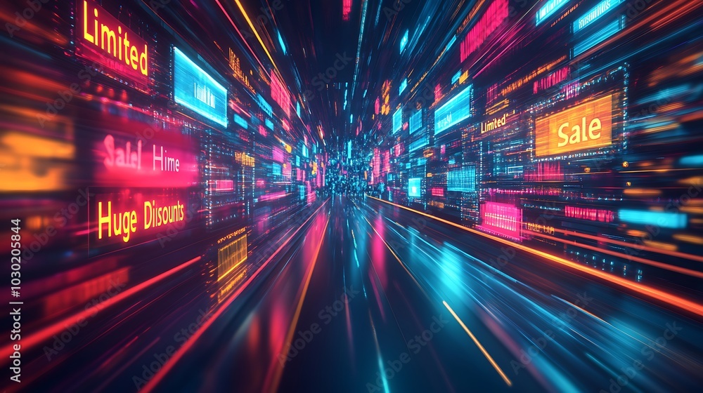 Fototapeta premium A digital composition of browser windows overlapping, each displaying “Limited Time Sale” and “Huge Discounts” text, glowing percentage symbols, neon colors like red, yellow, and blue,