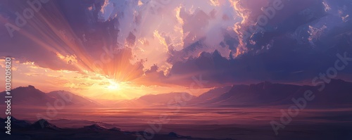 Bright sun casting vibrant rays over a tranquil desert, capturing the serene and boundless beauty the landscape at dusk.