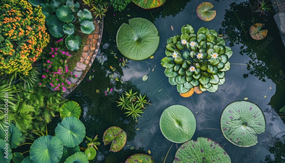 Aerial View of a Pond with Water Lilies and Lush Greenery