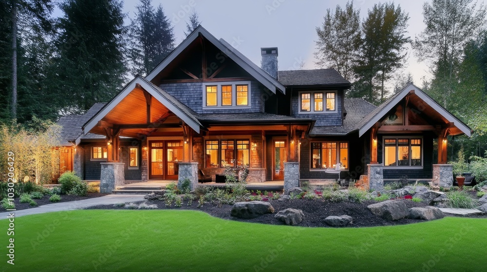 Luxury mountain craftsman home exterior at twilight in the forest with large yard and stonework. Luxury mountain craftsman home exterior at twilight in the forest with large yard and stonework.