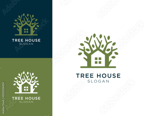 Treehouse logo.Tree with house vector logo design.