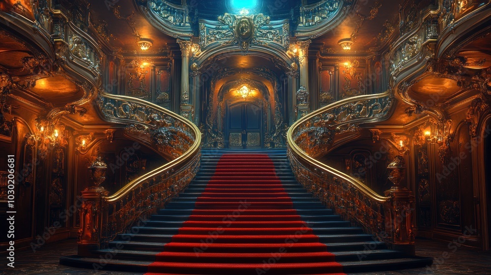 Obraz premium A grand, ornate staircase with a red carpet leading up to a large, open doorway in a lavishly decorated interior.