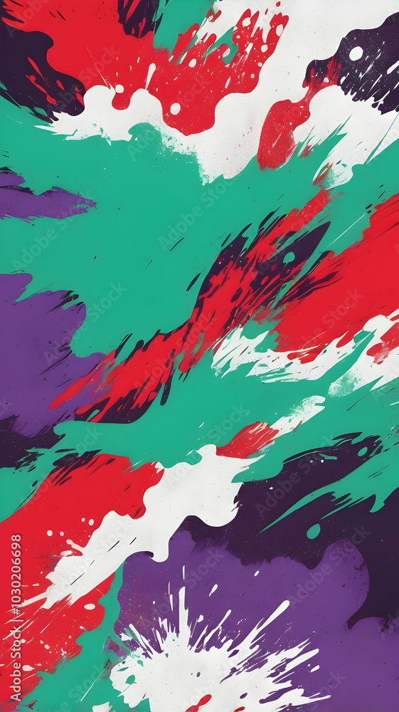 Vertical rough textured background with a mix of lines, splashes, and subtle smoke wisps. Using a three-color combination, green, red, purple. The elements make it feel organic and energetic. Vertical rough textured background with a mix of lines, splashes, and subtle smoke wisps. Using a three-color combination, green, red, purple. The elements make it feel organic and energetic.