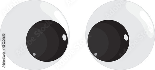 Plastic toy eyes. Glossy, bulging, puppet eyes. Cute, round, vector, isolated elements. Look down, up, left, right. Different, shaking, silly, hilarious pairs of eyeballs