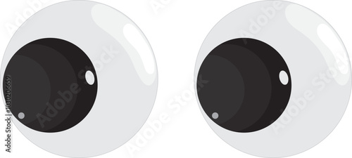Plastic toy eyes. Glossy, bulging, puppet eyes. Cute, round, vector, isolated elements. Look down, up, left, right. Different, shaking, silly, hilarious pairs of eyeballs