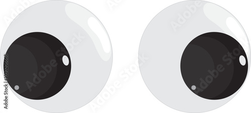 Plastic toy eyes. Glossy, bulging, puppet eyes. Cute, round, vector, isolated elements. Look down, up, left, right. Different, shaking, silly, hilarious pairs of eyeballs