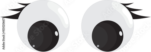 Plastic toy eyes. Glossy, bulging, puppet eyes. Cute, round, vector, isolated elements. Look down, up, left, right. Different, shaking, silly, hilarious pairs of eyeballs