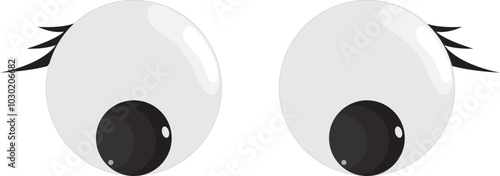 Plastic toy eyes. Glossy, bulging, puppet eyes. Cute, round, vector, isolated elements. Look down, up, left, right. Different, shaking, silly, hilarious pairs of eyeballs