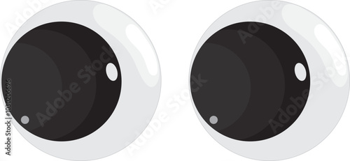 Plastic toy eyes. Glossy, bulging, puppet eyes. Cute, round, vector, isolated elements. Look down, up, left, right. Different, shaking, silly, hilarious pairs of eyeballs