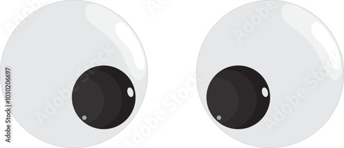 Plastic toy eyes. Glossy, bulging, puppet eyes. Cute, round, vector, isolated elements. Look down, up, left, right. Different, shaking, silly, hilarious pairs of eyeballs