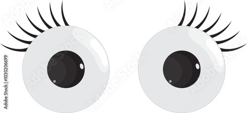 Plastic toy eyes. Glossy, bulging, puppet eyes. Cute, round, vector, isolated elements. Look down, up, left, right. Different, shaking, silly, hilarious pairs of eyeballs