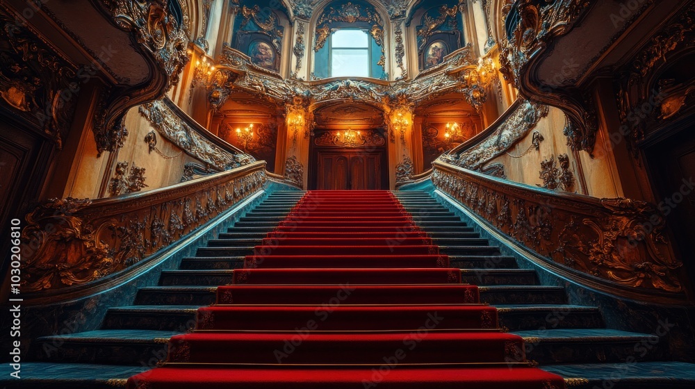 Obraz premium A grand staircase with a red carpet leading up to a large, ornate entrance.