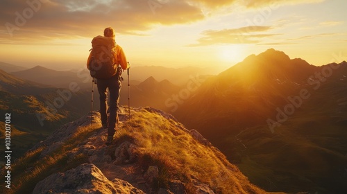 A hiker arrives at the top of a mountain at dusk, the scenery glowing with gold. A hiker triumphantly perched atop a mountain peak