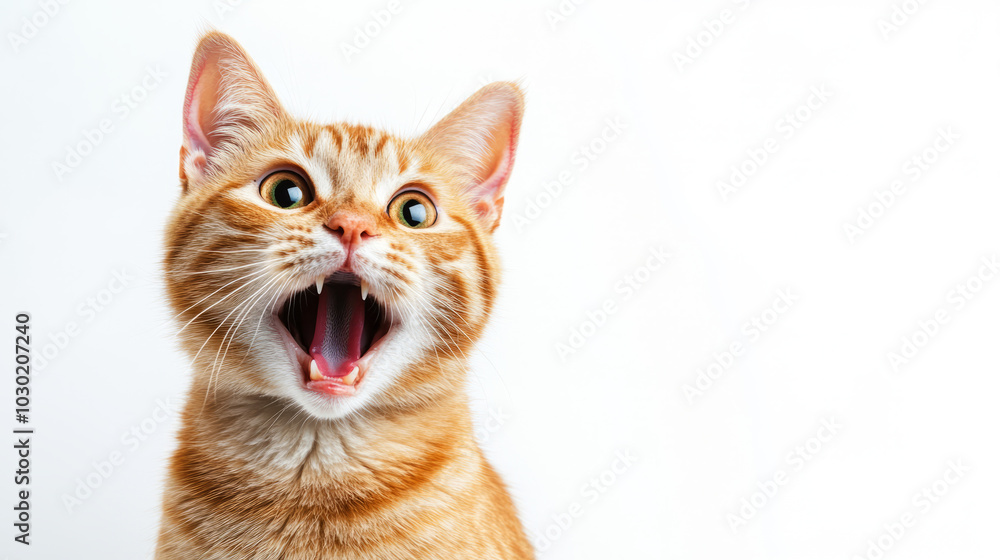 A photo of a funny red cat with an open mouth on a white background. A photo of a funny red cat with an open mouth on a white background.