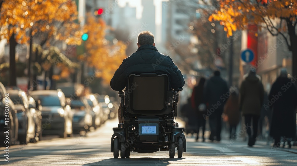 A man in a power wheelchair navigating through a busy urban environment, guided by a digital map on his device. A man in a power wheelchair navigating through a busy urban environment, guided by a digital map on his device.