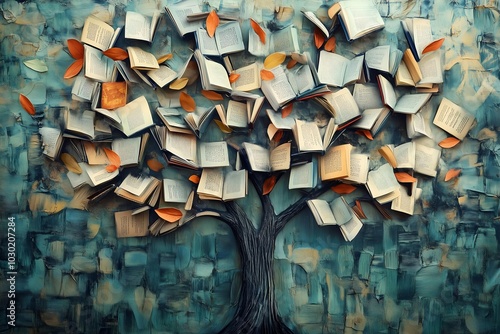 tree with book leaves of graffiti on the wall photo