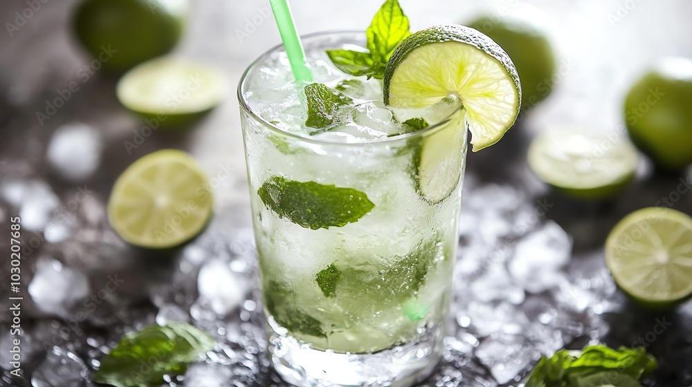 A refreshing mojito cocktail with mint, lime and ice. A refreshing mojito cocktail with mint, lime and ice.