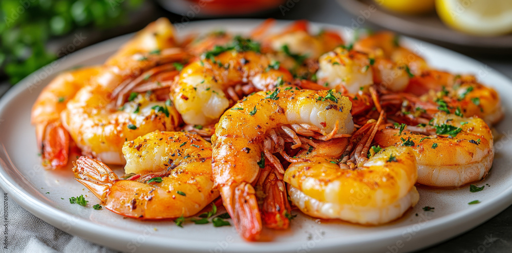 Spicy shrimp with garlic butter and green onions on a white platter Spicy shrimp with garlic butter and green onions on a white platter