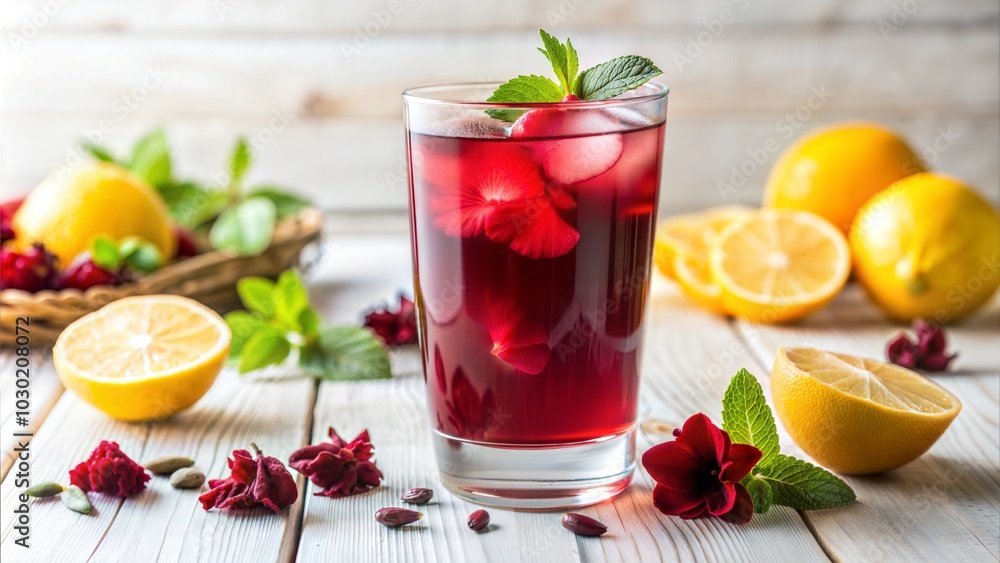 Refreshing Hibiscus Lemonade on a White Isolated Background - Concept of Exotic Beverages and Summer Refreshments Refreshing Hibiscus Lemonade on a White Isolated Background - Concept of Exotic Beverages and Summer Refreshments