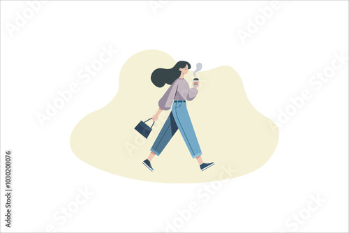 Businesswoman go to work side view, Busy woman walking, Business worker holds hot coffee paper cup. Flat isolated vector illustration.
