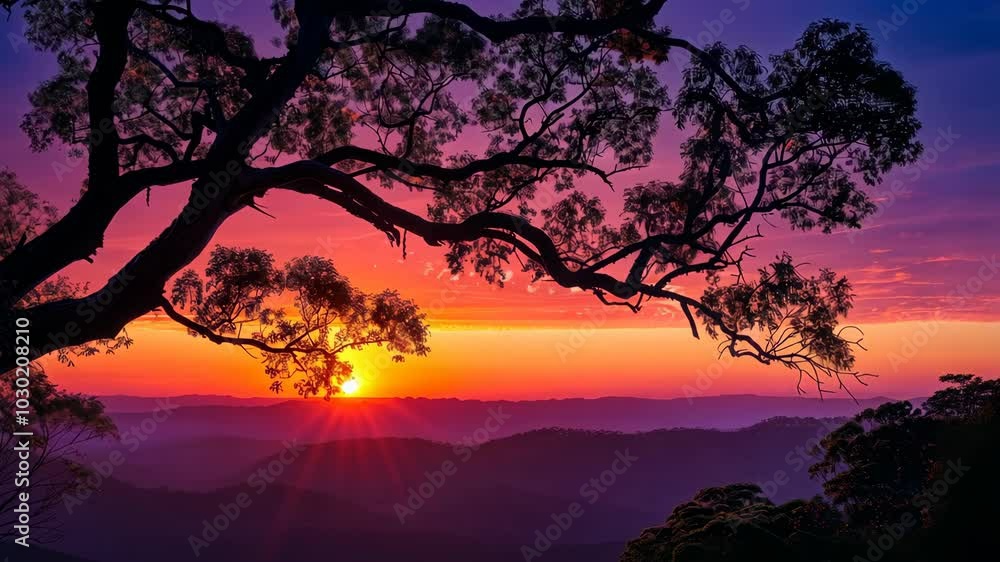 A tree silhouetted against a vibrant sunset over a mountain range A tree silhouetted against a vibrant sunset over a mountain range