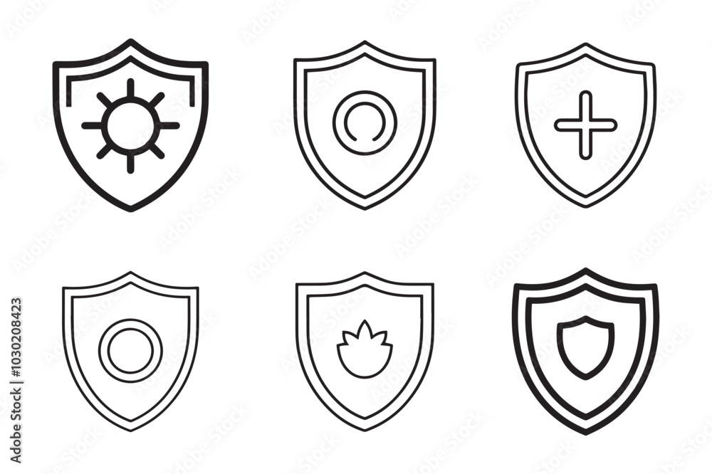 Shield icons vector art outline. Line art of shield. Shield icons vector art outline. Line art of shield.