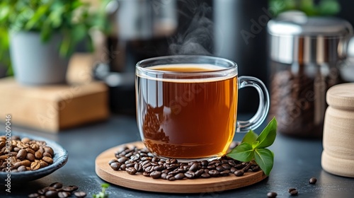 Warm cup of coffee on a rustic wooden table with coffee beans scattered nearby