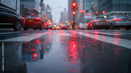 Wet Pavement Reflection of Red Tail Lights in City Street