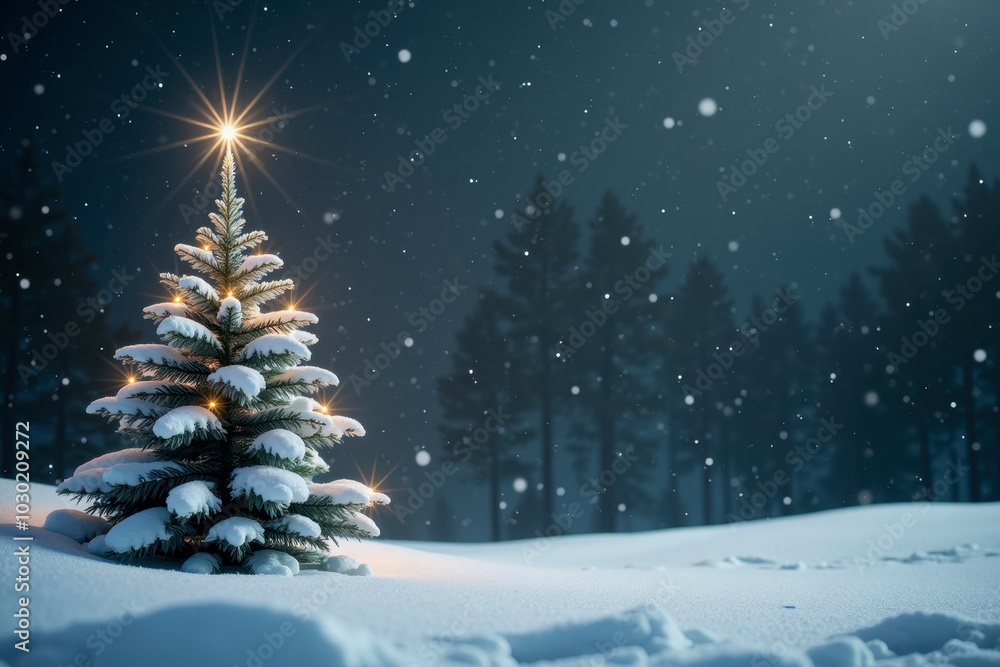 Obraz premium Christmas greeting card with New Year symbol and decoration. Xmas snow background with copy space. Festive mockup design with pine, star, trees and forest