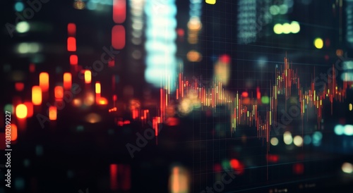 Data visualizations highlighting market trends at night in an urban environment