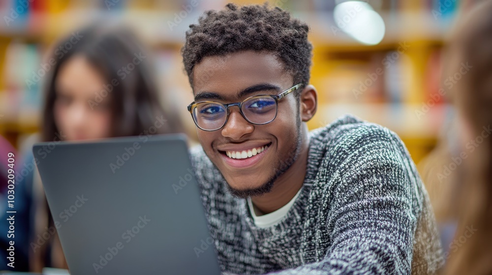 A smiling African American man holding a laptop in a casual studio setting A smiling African American man holding a laptop in a casual studio setting