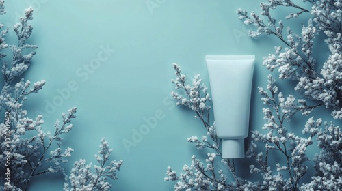 Winter skincare cream jar surrounded by snowflakes and icy blue foliage in a ...