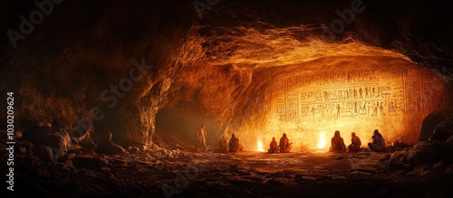 A group of people sitting around a fire in a dark cave lit by torches.