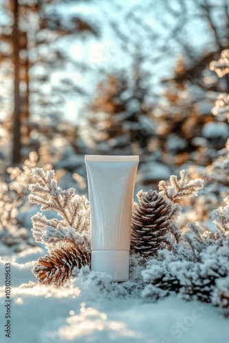 Winter skincare product displayed amid snow-covered pine branches and mountai...