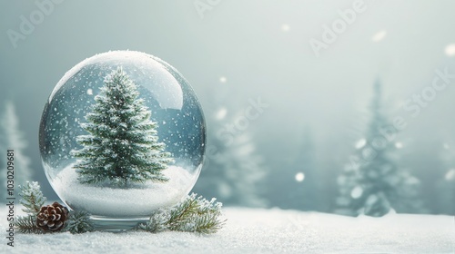 A snow globe featuring a decorated Christmas tree illuminated by soft lights ...