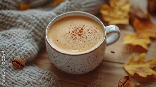 Cozy autumn afternoon with a warm cup of latte resting on a textured blanket ...