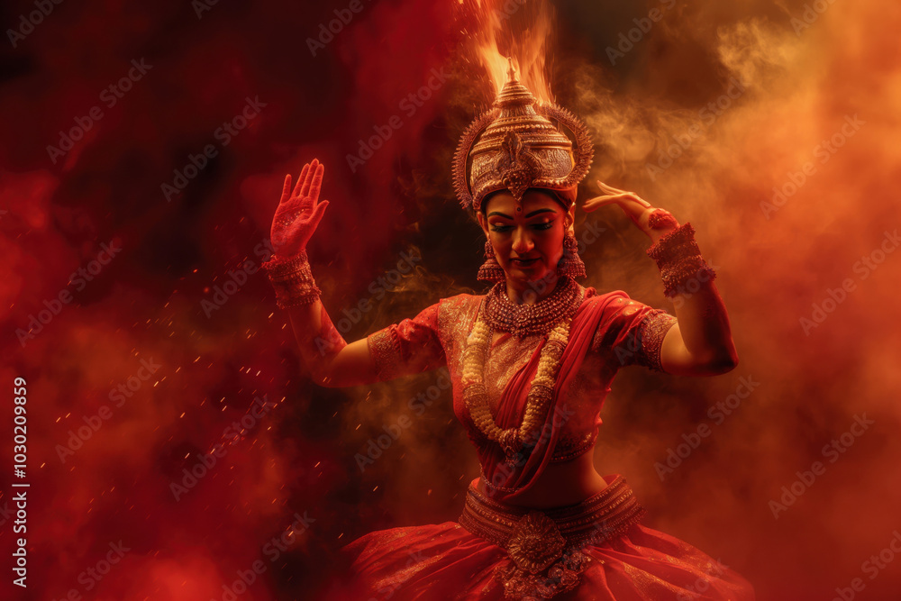 Dramatic portrait of a beautiful young Indian woman performing a traditional dance dressed as goddess Durga with colored smoke around her Dramatic portrait of a beautiful young Indian woman performing a traditional dance dressed as goddess Durga with colored smoke around her