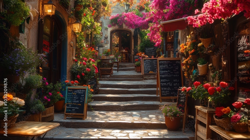 A charming cobblestone street lined with flowers and cafes in a European village. A charming cobblestone street lined with flowers and cafes in a European village.