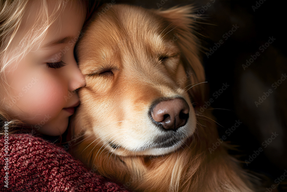 Portrait of a little girl hugging a puppy in close-up. A cute kid is playing with a dog. The sweet girl is happy with her pet. Portrait of a little girl hugging a puppy in close-up. A cute kid is playing with a dog. The sweet girl is happy with her pet.