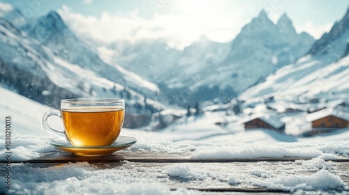 Warm cup of herbal tea on fresh snow in a majestic winter mountain landscape ...
