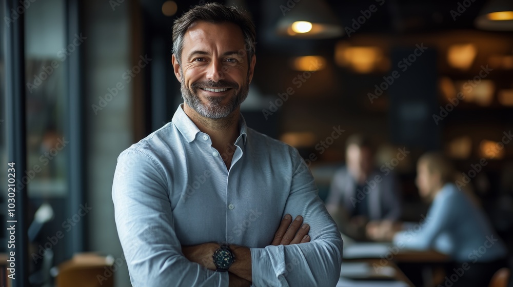 A smiling businessman standing in a modern office with a group of people working at a table A smiling businessman standing in a modern office with a group of people working at a table