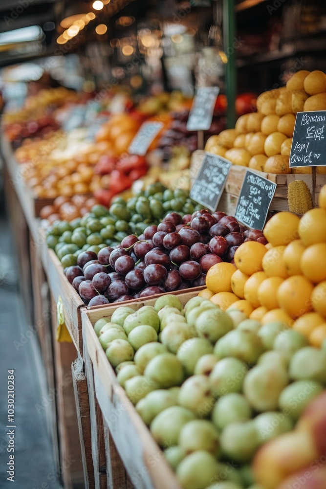 Vibrant street market displaying fresh oranges and local produce during a sunny afternoon Vibrant street market displaying fresh oranges and local produce during a sunny afternoon