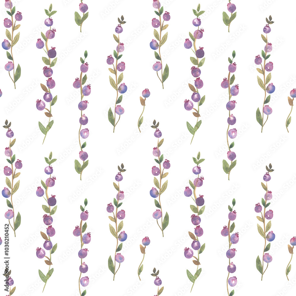 Fototapeta premium Hand drawn watercolor seamless texture of branches with purple berries. Pattern with painted branches of wild berries. Illustration for festive decor for Christmas, wedding, birthday.