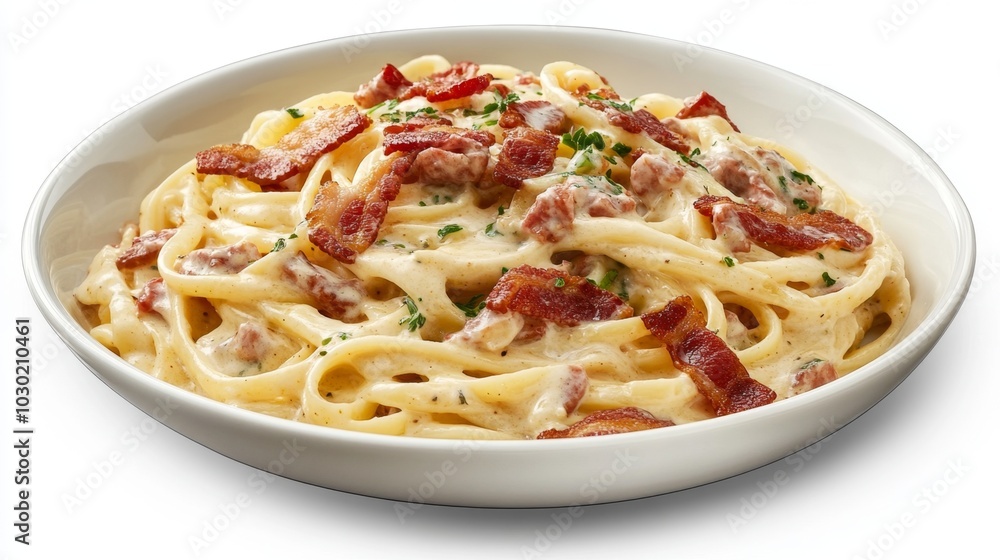 Delicious Bacon Strips Melting in Savory Carbonara Sauce Delicious Bacon Strips Melting in Savory Carbonara Sauce