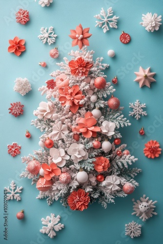 Elegant holiday decorations featuring pastel ornaments and frosty pinecones b...