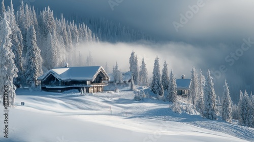 Winter gondola ride through snowy mountains at sunrise with trees in the fore...