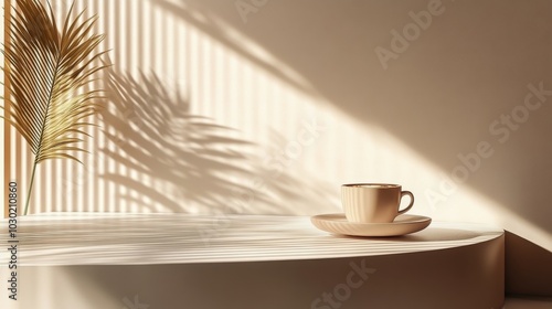 Warm cup of coffee surrounded by roasted beans on rustic wooden table