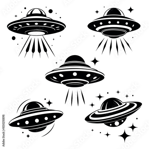 
set, collection of assorted UFO vector icons, black outline isolated on white background